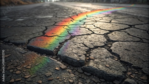 Rainbow reflection on cracked asphalt in sunlight