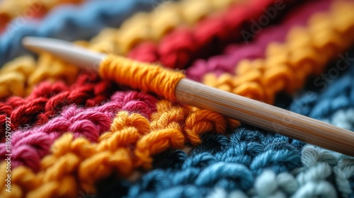 Vibrant yarn and crochet hook on a colorful handmade blanket in a cozy crafti...