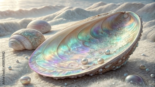 Iridescent seashells and pearls on a sandy shore
