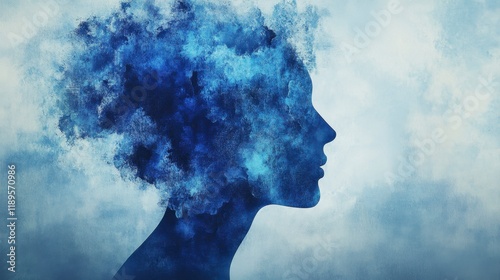 Photography Woman's Profile, Blue Abstract, Watercolor, Sad, Thoughtful