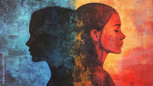 Woman's Dual Personality, Depression, Sadness, Profile, Abstract Art