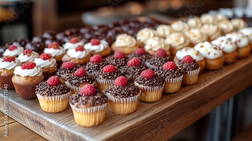Sweet selection of cupcakes decorated with raspberries on a wooden tray in a ...