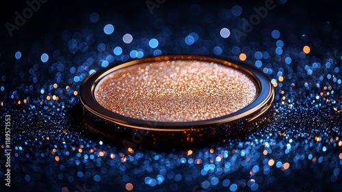 Shimmering gold powder in a round container on a reflective surface with spar...