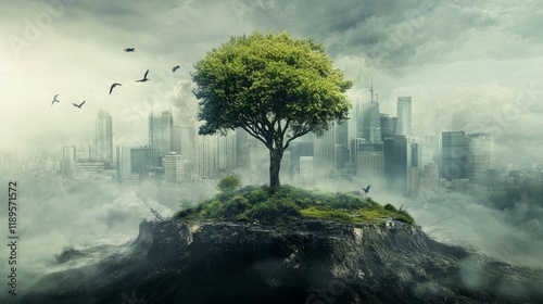 Lone Tree on Cliff Over Foggy Cityscape - Environmental Hope