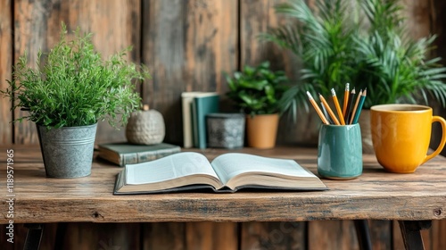 Open book on a wooden table surrounded by plants and a backdrop of bookshelve...