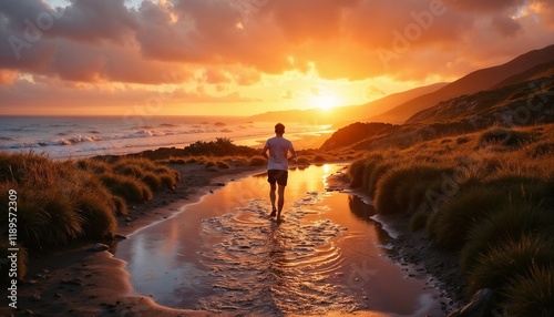Runner splashing through puddle run at sunset along coastal path