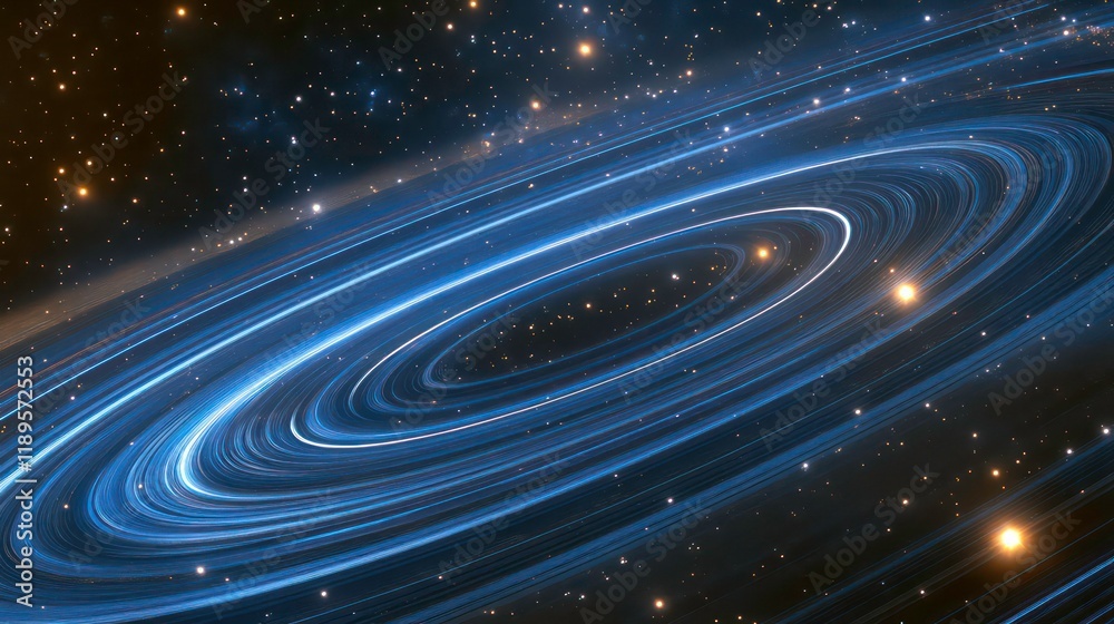 Obraz premium Abstract swirling cosmic nebula with glowing rings and stars.