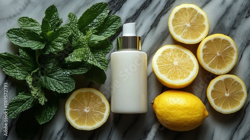 Fresh mint and lemon arranged with a cosmetic bottle on a marble surface