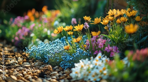 Elegant garden with vibrant flowers and modern design elements in a tranquil ...