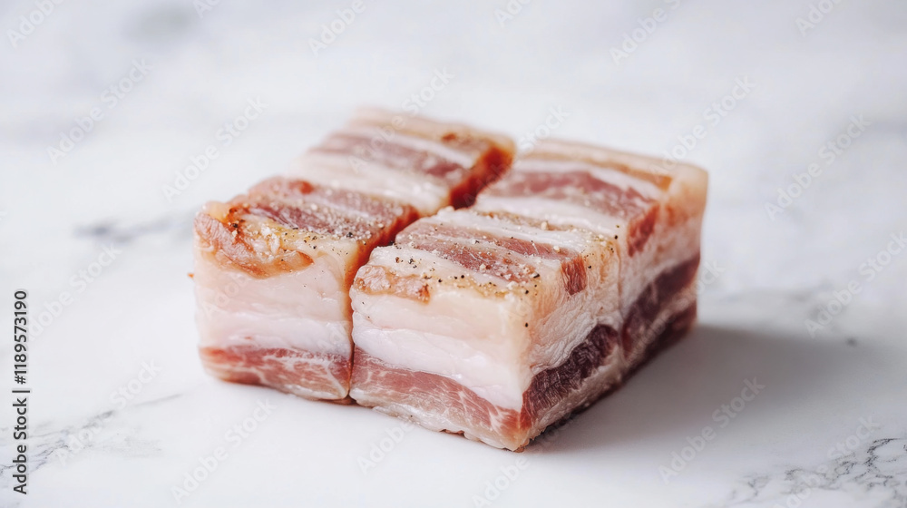 Close up of raw pork belly on white background for culinary design or recipe concepts