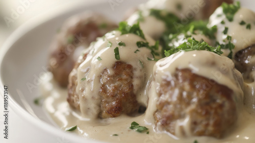 Close-up of swedish meatballs with cream sauce garnished with parsley photo