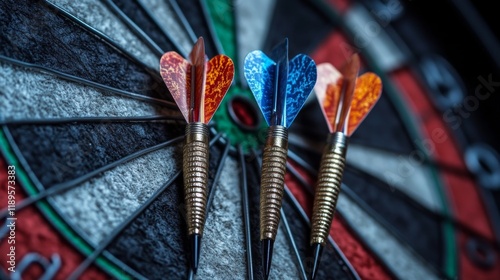 Darts arranged on a traditional dartboard with bold colors and crisp details