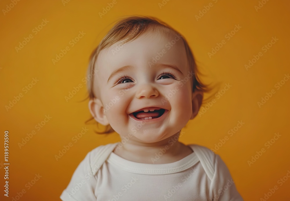 Cute, happy baby smiling and looking at the camera, isolated on a yellow background. Pastel Cute, happy baby smiling and looking at the camera, isolated on a yellow background. Pastel