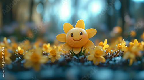 Spring Time Smiling Happy Daffodil 3D Character Easter Background