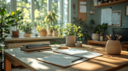 Cozy workspace with blooming flowers and sunlight streaming through the windo...