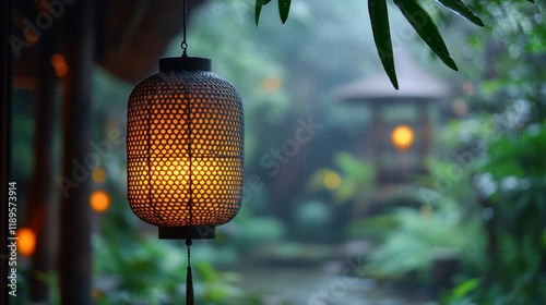Warm glow of decorative lanterns illuminating a tranquil evening setting outd...