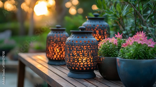 Green plants in decorative pots arranged on a wooden table in a garden during...