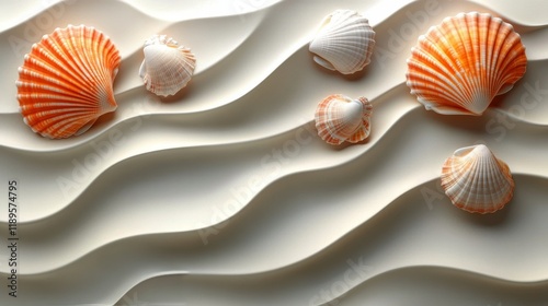 Creamy texture with seashells arranged on a smooth surface inspired by a beac...