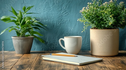 Create a cozy workspace with plants, a coffee cup, and a notebook on a wooden...