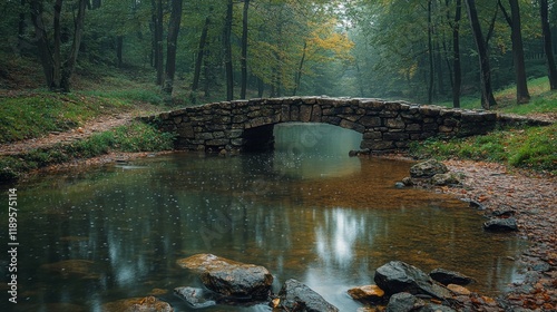 Stone bridge over calm water surrounded by autumn trees in a misty forest