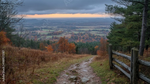 Stunning autumn sunset over a scenic landscape with colorful foliage and wind...