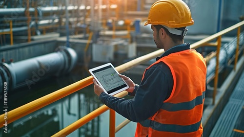 Concept of an engineer using a tablet computer while standing on a bridge at an oil plant.