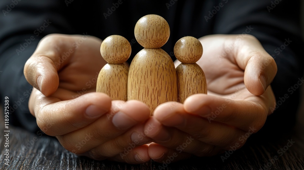 Hands hold wooden family.