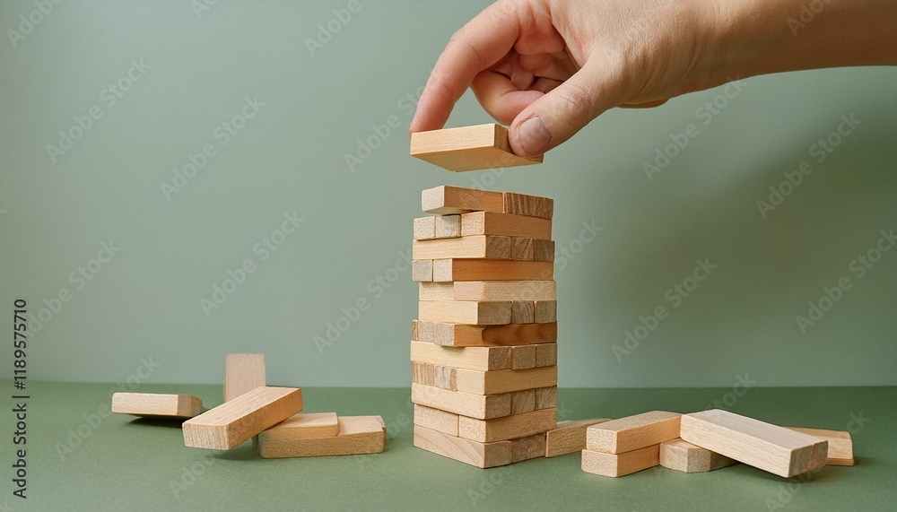 A hand lifts the last block as a precariously stacked wooden block tower is in danger of collapsing. A hand lifts the last block as a precariously stacked wooden block tower is in danger of collapsing.