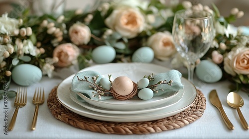Elegant Easter table setting with pastel decorations and floral arrangements ...