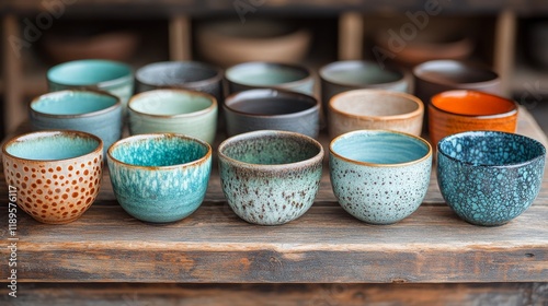 Colorful crafted bowls displayed on a wooden table in a ceramics shop
