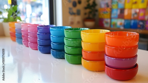 Colorful ceramic cups arranged on a table in a cozy cafe environment with plants