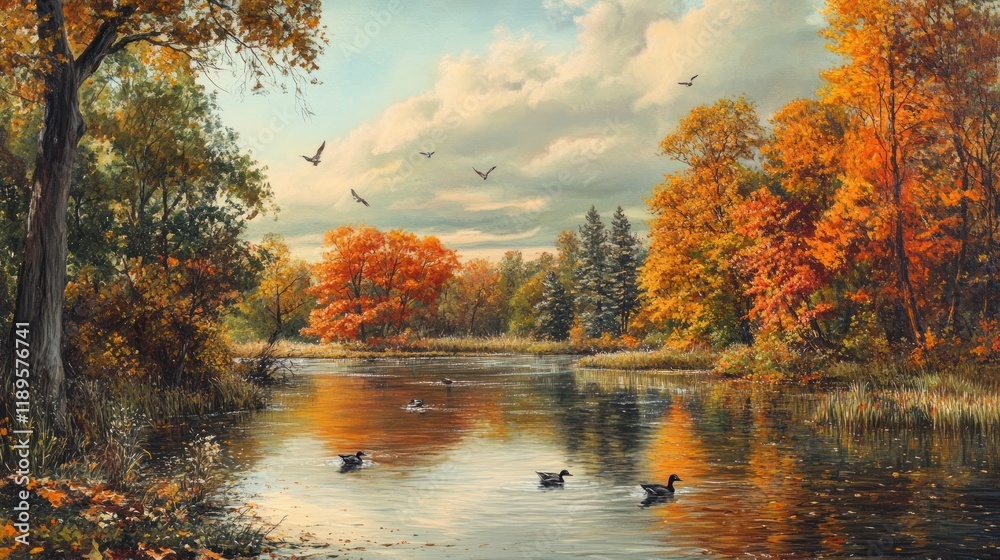 Obraz premium Serene autumn landscape with calm river, colorful trees, and ducks swimming, under a cloudy sky.