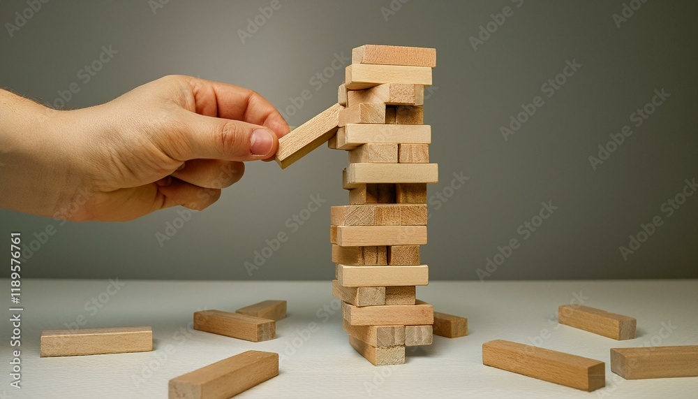 A hand lifts the last block as a precariously stacked wooden block tower is in danger of collapsing. A hand lifts the last block as a precariously stacked wooden block tower is in danger of collapsing.
