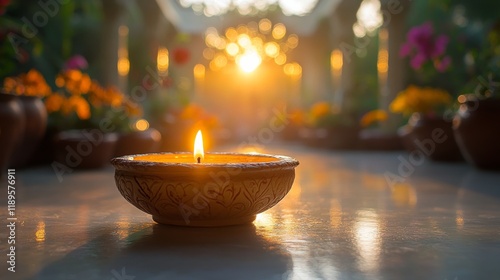 Beautiful diya glowing in garden during sunset with colorful flowers around