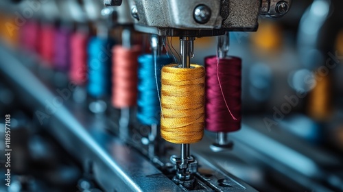 Golden thread on a vibrant fabric under a sewing machine during a crafting se...
