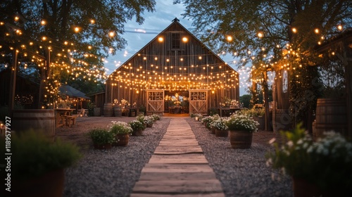 Charming barn venue decorated with string lights for an evening celebration i...