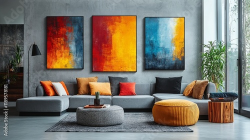 Bright living room with modern art and vibrant decor during daytime