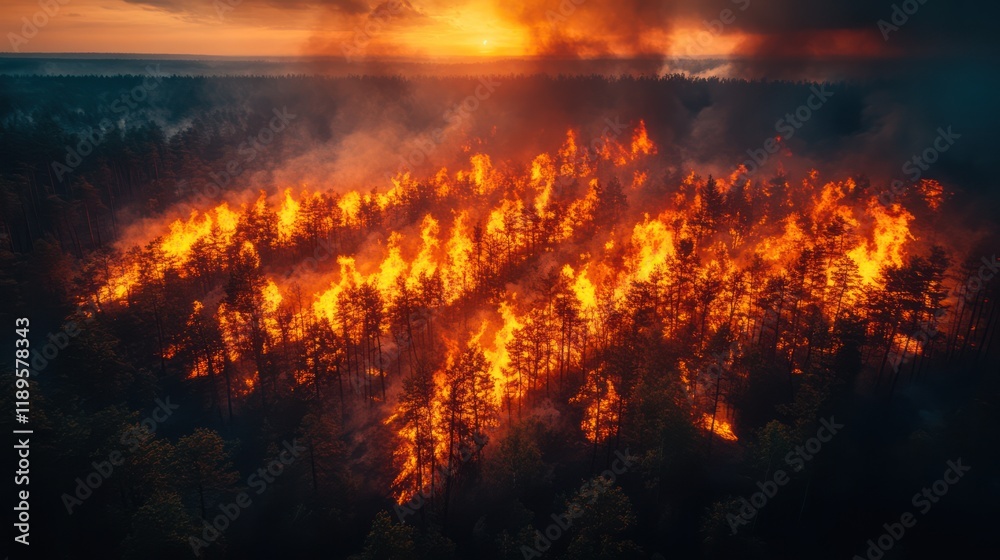 Aerial view of wildfire engulfing forest at sunset. Aerial view of wildfire engulfing forest at sunset.