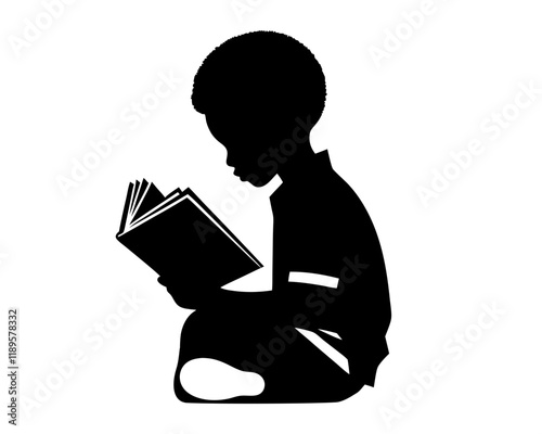 Kid reading silhouette. Clipart image isolated on background.