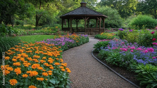 Vibrant flower garden with gazebo and winding pathway in a peaceful setting