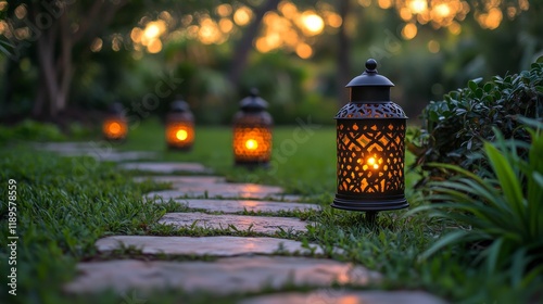 Softly glowing lanterns line a tranquil garden path during twilight in a sere...