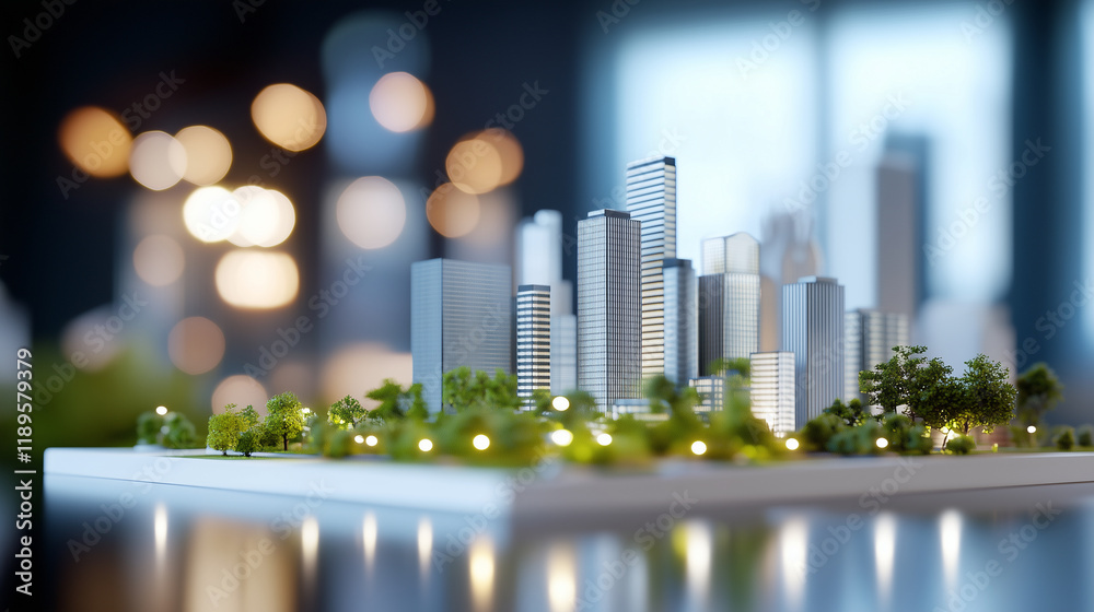 Modern urban skyline with green spaces and tall buildings in a miniature model Modern urban skyline with green spaces and tall buildings in a miniature model