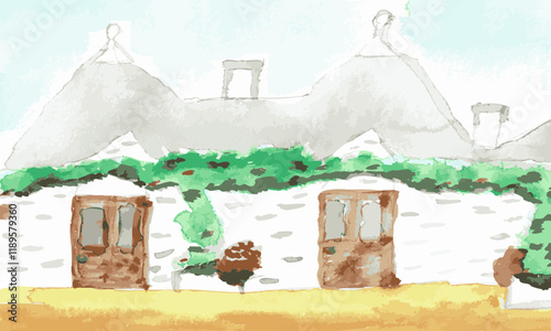 Italian Trulli. Hand-painted watercolor painting.