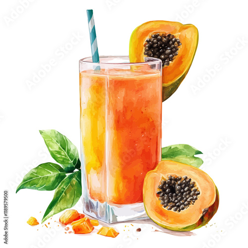 A watercolor illustration of a Papaya Mango juice, isolated on a white background. Papaya Mango juice vector.
