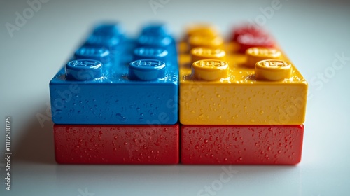Colorful building blocks arranged creatively near a window with soft natural ...