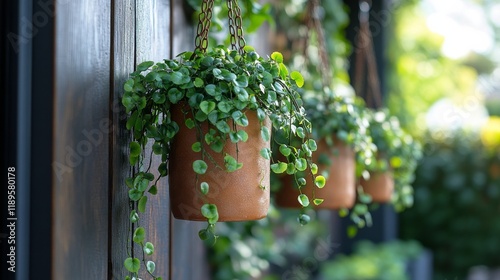 Hanging pots with greenery adorn a wooden fence in a serene garden setting
