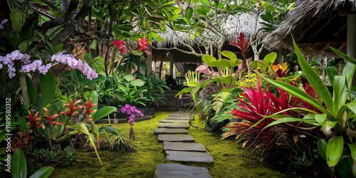 Tropical Garden Pathway with Vibrant Flowers. A serene tropical garden featuring a stone pathway surrounded by lush greenery, vibrant flowers, and thatched-roof huts.