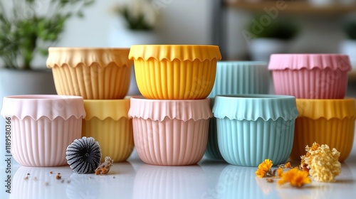 Colorful ceramic cups arranged in a neat row on a bright kitchen counter