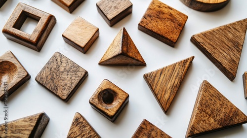 Various wooden geometric shapes arranged on a light surface in a creative dis...