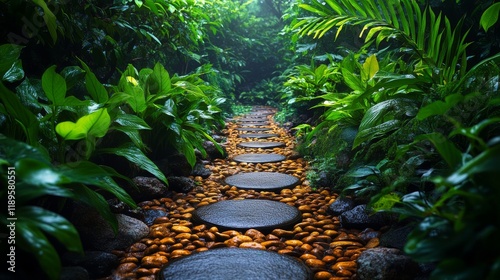 Tranquil garden pathway bordered by lush greenery and vibrant plants during b...